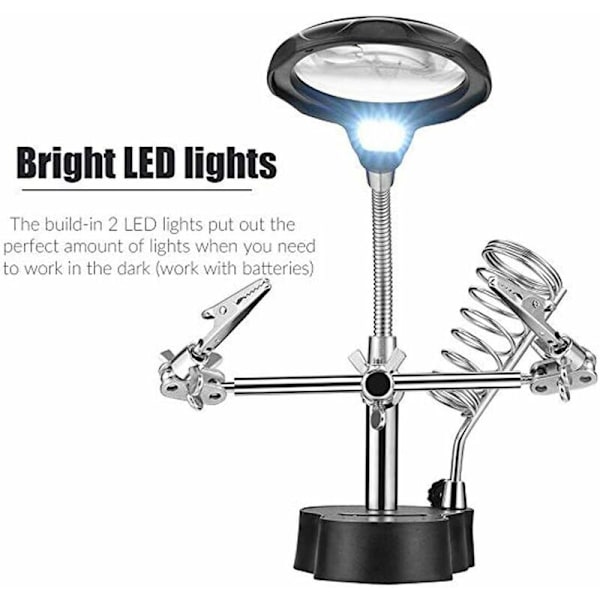 Hobbyförstoringsglas med LED-lampa, handhjälpsstation, gratis 4x förstoringsglasstativ med klämma och alligatorclips