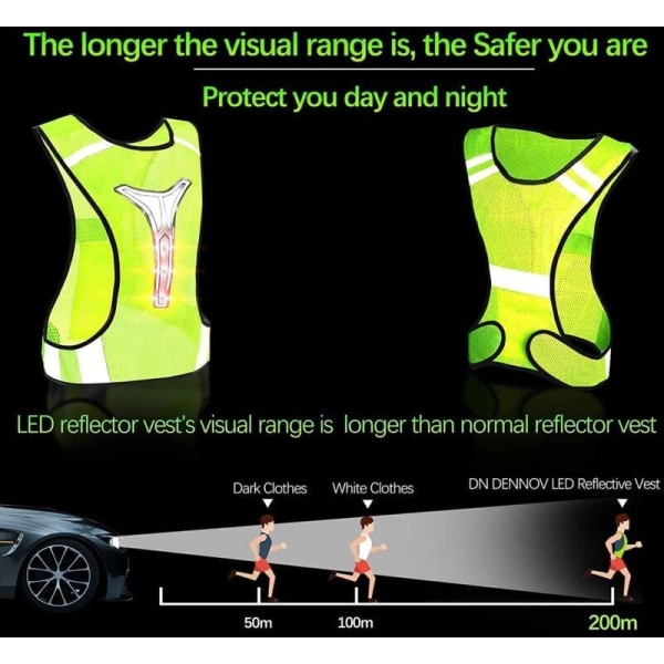 Reflekterende vest, sikkerhedsvest med reflekterende striber og 3 LED'er, cykelvest med høj synlighed til jogging, cykling (grøn)