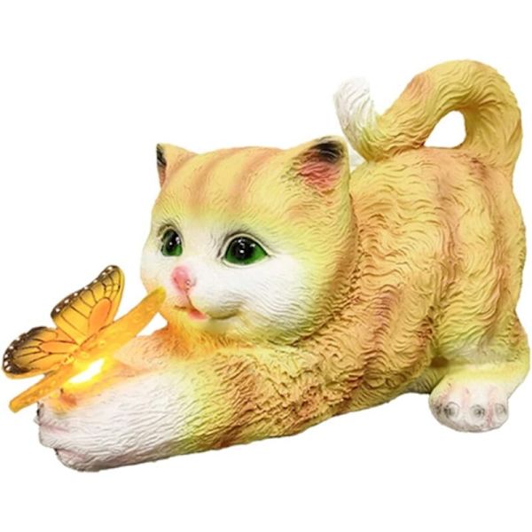 Solcellslampor Utomhus Trädgårdsdekorationer Solcellsfigur Katt Trädgårdsdekoration Resin Katt Staty LED Ljus Solcellslampa för Trädgårdsdekoration Grå
