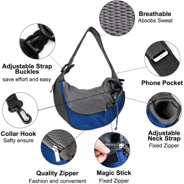 Hundsele, Katt Husdjur Hund Bärväska Justerbar Axel Andningsbar Mesh Bärväska - Lämplig för valpar under 5 kg, 37 x 29 x 25 cm (L, Blå)-