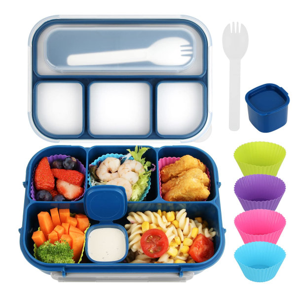 Bento lunsjboks for voksne, lunsjboks for barn, lunsjboks for voksne/barn/studenter, 1300ML-5 rom Bento lunsjboks (blå)