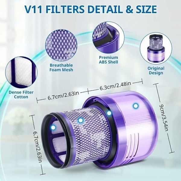 2-pack filter för Dyson V11 Absolute Extra Pro, V11 Torque Drive Animal, V15 Detect sladdlösa dammsugare SV14 SV17 SV22 HEPA tvättbara ersättningar