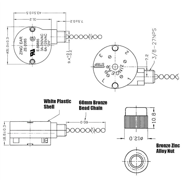 3 stk. Ze-208S E89885 3 hastighed 4 ledning træk kædekontakt loftsventilator lyskontakt reservedel, B