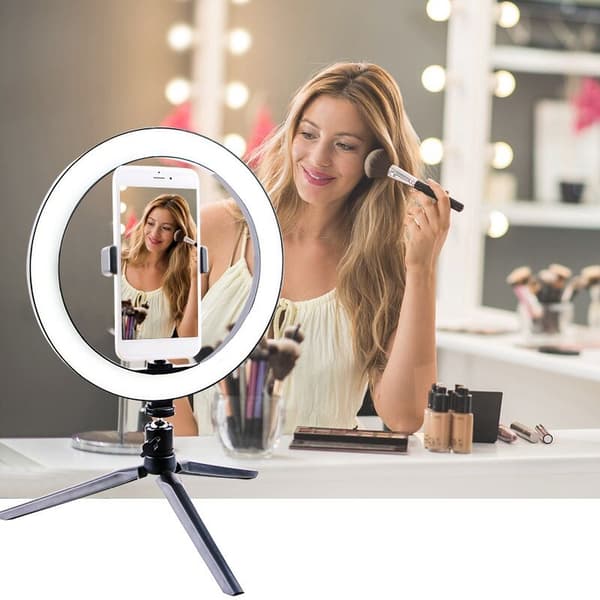 Dæmpbar LED-ringlys med stativ USB-skrivebordstelefonholder Selfie RingLight-lampe til Youtube-makeup