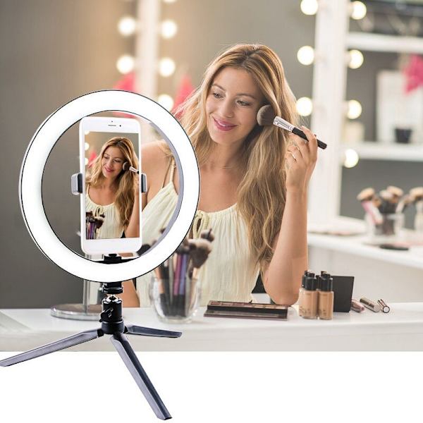 Himmennettävä LED-rengasvalo jalustalla, USB-työpöydän puhelinteline, selfie-rengasvalolamppu YouTube-meikkiin