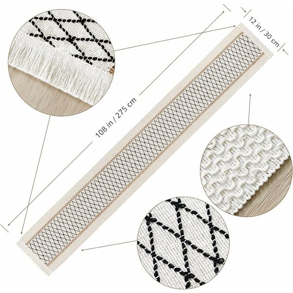 Rustikk Makramé Bordløper med Kvaster, Håndvevd Bomull og Jute - Rustikk Stil - for Kjøkken, Spisestue - 30,5 x 274,3 cm