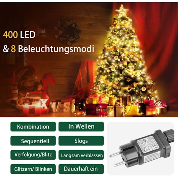 Juletrærlys, 2M 16 Grener 400 LED Juletrærlys, Vanntette Julelys for Juletrærdekorasjon - Varmt Hvit