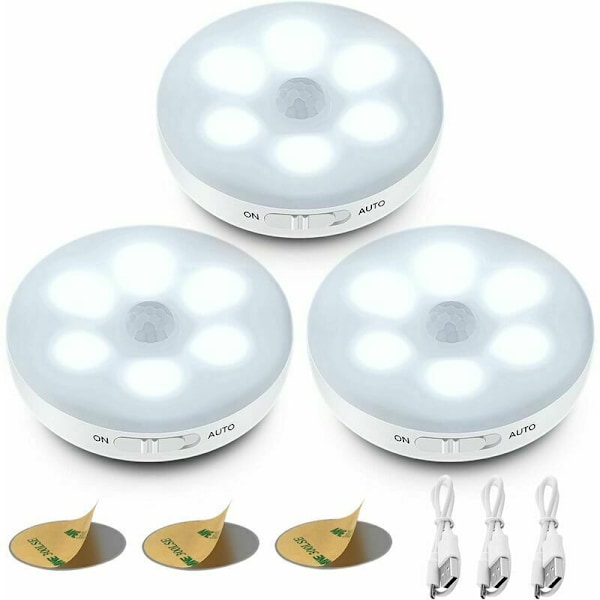 Automatisk LED Natlys, Indendørs Bevægelsessensor Lampe, Trådløse LED Lamper, 3 Tilstande (Auto/Tændt/Slukket), LED Skabslampe, USB Genopladelig Lampe til Vitrine