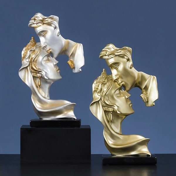Hartsfigur i resin, romantiskt par som kysser, skulptur, prydnad för vardagsrum, vinskåp, heminredning - grå