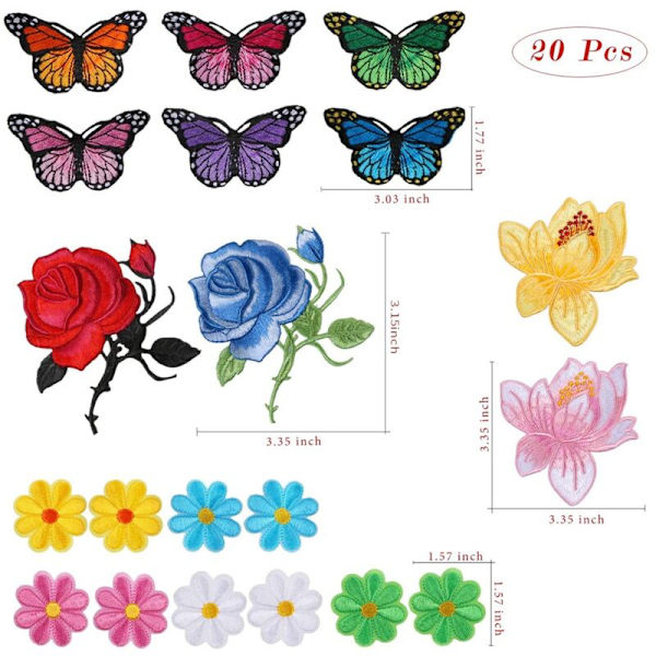 20 st Butterfly Blommor Stryk på Lappar Sy Broderi Applikationer för DIY Konst Hantverk Dekoration, Jeans, Jackor