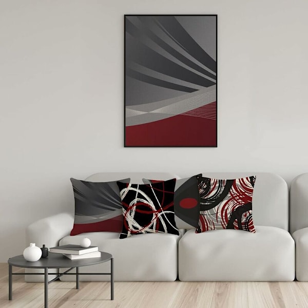 4-pak putetrekk 45x45cm, rødt og svart geometrisk mønster dekorativ putevar i bomull og lin for sofa seng stol hage