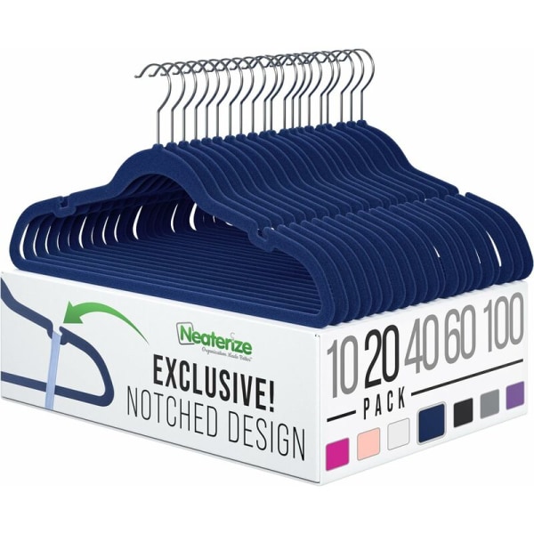 20 Pack Blue Velvet Hangers - Heavy Duty Velvet Hangers - Skridsikre filt bøjler til frakke og jakkesæt til skab - Let og tynd, pladsbesparende