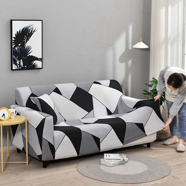 Svartvitt sofföverdrag i polyester, elastiskt sofföverdrag, soffskydd (L)