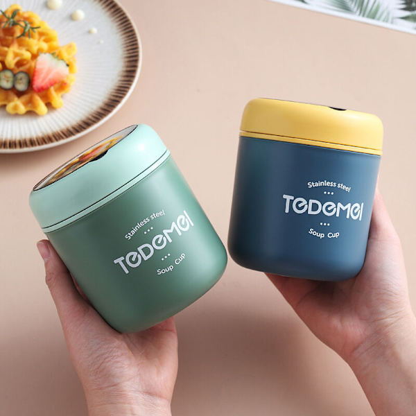 Varm mat termos, isolerade matbehållare, rostfritt stål mat termos med hopfällbar sked för varma måltider, takeaway soppor（Grön）