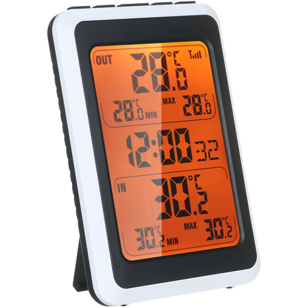 Innendørs og utendørs trådløs temperatur- og fuktighetsmåler med tid oransje bakgrunnsbelysning elektronisk husholdningstermometer vekkerklokke