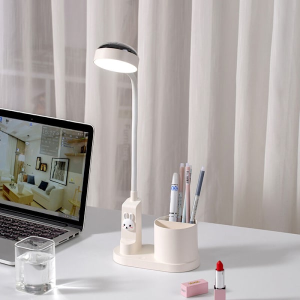 Barnebordlampe, skrivebordslampe med pennholder, automatisk fargeskiftende nattlampe, dimbar oppladbar LED-leselampe for barn (hvit)