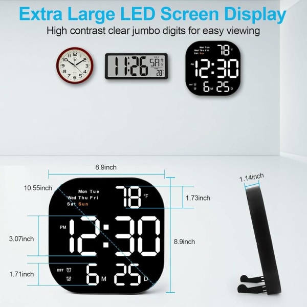 Stor veggklokke, digital veggklokke 10,55 LED-skjerm, ukedag, dato, sommertid, timer, temperatur, 12/24H, klokke for stue,