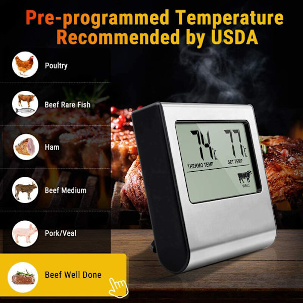 ThermoPro TP-16 Stor LCD Digital Matlagning Kött Rökare Ugn Kök BBQ Grill Termometer Klocka Timer med Rostfritt Stål Sond