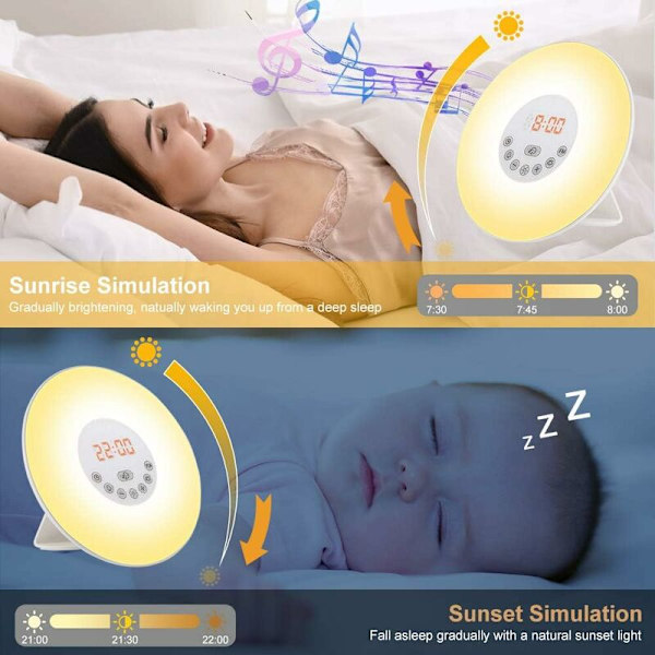 Radiovækkeur med lys LED Natlampe Berøringsstyring Solopgang og Solnedgang Simulation 10 Lysniveauer Snooze 6 Naturlige Lyde, 7 Farver Natlys