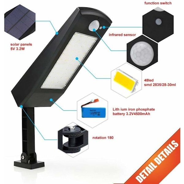 48 LED Udendørs Belysning 900lm Sensor LED Solcelle Vægge Lampe (IP65 Justerbar Nødpol Var Vandtæt 4 Tilstande af Have Terrasse Gærde Dæk Have Ai