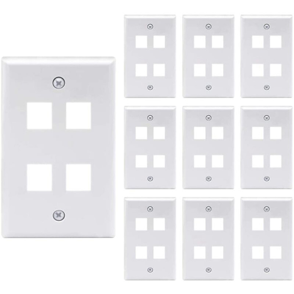 4-porters Keystone veggplate (10-pakning), enkle veggplater for Keystone RJ45-kontakt og modulære innlegg, hvit