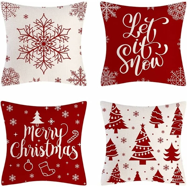 Julkuddeöverdrag, 4-pack Jul Kuddfodral 45x45cm Dekorativa Kuddfodral, Jul Linne Kuddfodral för Inredning