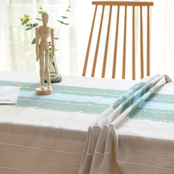 Solid Bomuld og Hør Rektangulært Dug Plaid Broderi Kvast Bomuld Hør Dug til Køkken Spisestue Bord Dekoration (140x140cm, Grøn)