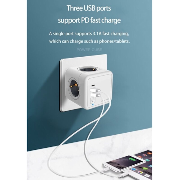 Europæisk smart stikkontakt-adapter med overspændingsbeskyttelse, firkantet forlænger stikkontakt, E01-EU stikkontakt