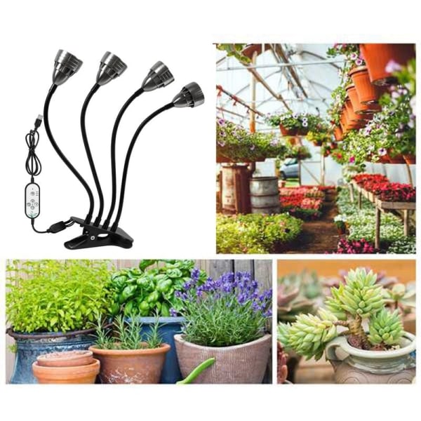 LED-vekstlys for innendørs planter, 4 hoder spektrum skrivebordslampe for frøplanter blomstring justerbar