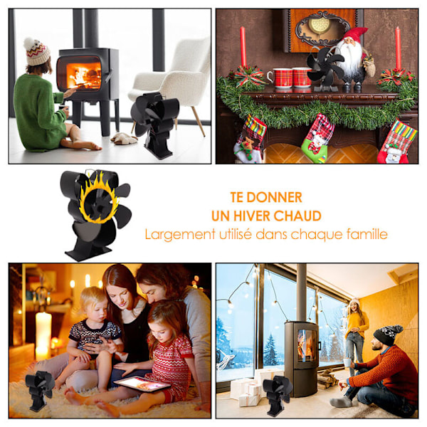 Vedspisfläkt med 6 blad, värme-driven spisfläkt med termometer, tyst drift, miljövänlig för vedspis/braskamin/gas/vedstockar