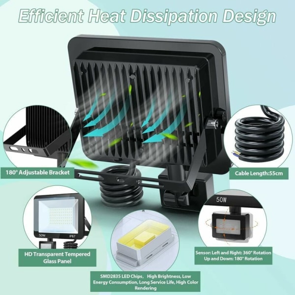 Utsalg 50W Utendørs LED Flomlys med Bevegelsessensor, IP67 Vanntett LED Spotlight med Sensor, 5000LM 7000K Kald Hvit Utendørsbelysning, O