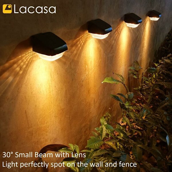 Lacasa 4-pakks solcelled LED-utelys, IP65 vanntett 30LM høy lysstyrke automatisk på/av solcellevegglys for hage, gjerde, varm hvit 270