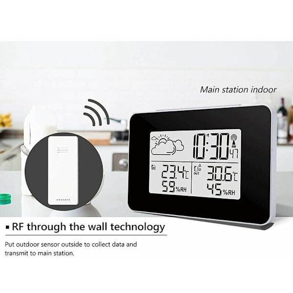 Trådløs vejrstation, multifunktionelt digitalt vejrur med udendørs vejr/temperatur/fugtighed/baggrundsbelysning/snooze-alarm én funktion (sort