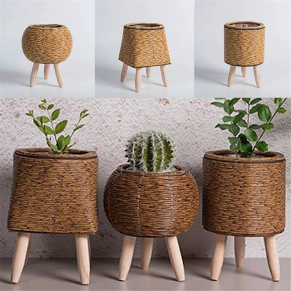 Vintage Imitation Rattan Vævet Blomsterhylde Plantepotte Håndlavet Opbevaringskurv med Træben, A