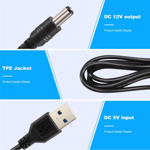 USB 5,5 mm/2,1 mm 5V DC strømkabel (svart, 75 cm)