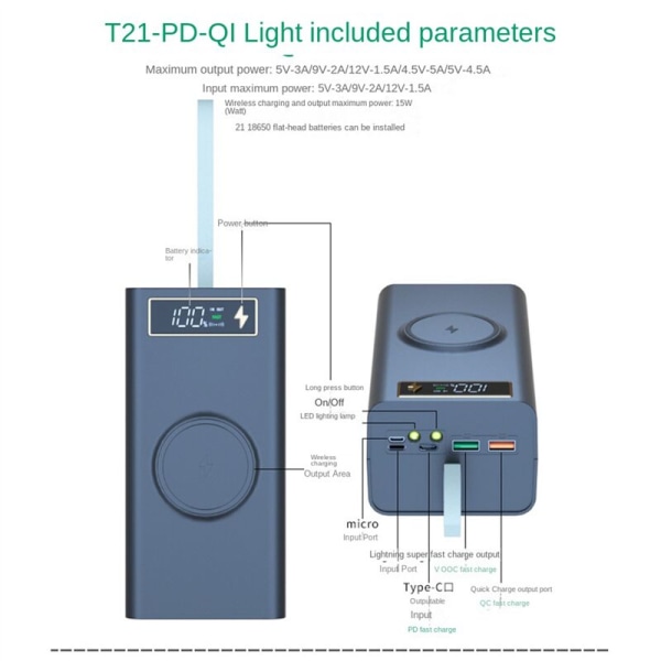 21X18650 Batterilagringsbox LED-ljus PD QC3.0 Laddning 18650 Batteri Power Bank Case Shell 15W Laddning A