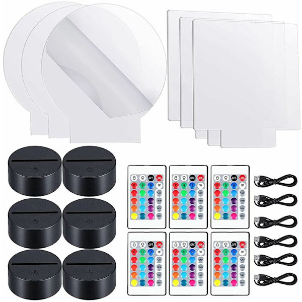 6 set justerbara 3D LED nattljuslampbaser 16 färger 4 lägen Akryl lampbas för restaurang (rund fyrkantig stil)