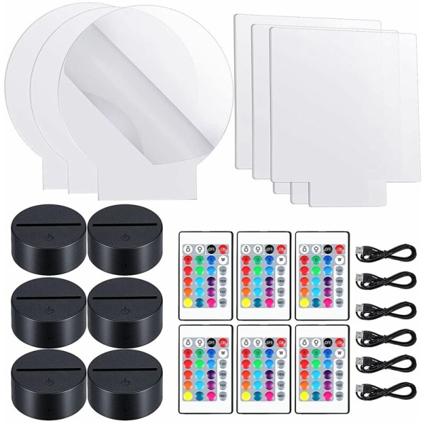 6 sett justerbare 3D LED nattlyslamper baser 16 farger 4 moduser akryl lampebase for restaurant (rund firkantet stil)