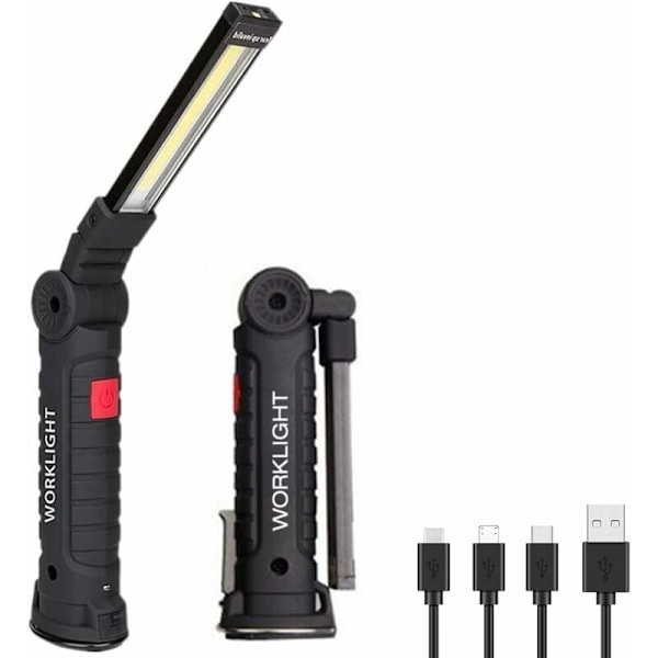 Laderbar LED arbeidslys, 2 stk COB håndholdt arbeidslys, inspeksjonslys med magnetisk base, LED håndholdt lommelykt for camping, bil
