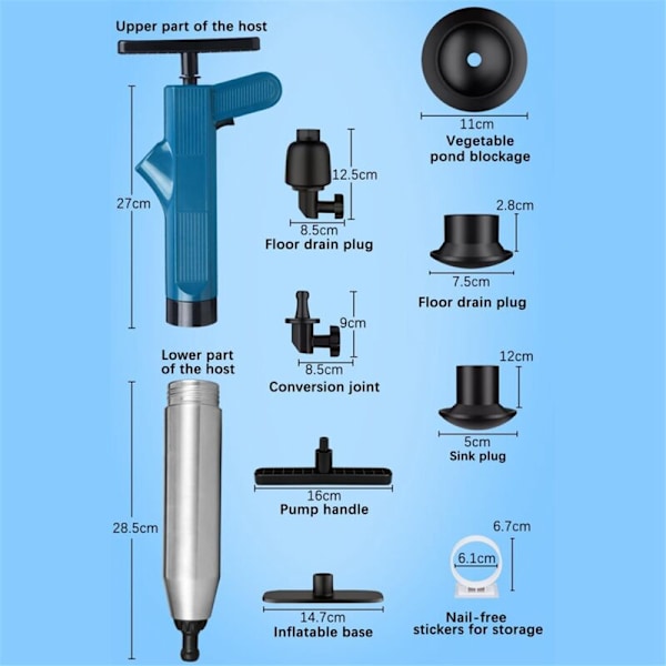 WC-plungerisarja, Plunger Drain Unblocker Air, kylpyhuoneen pesualtaan plunger, WC-plunger