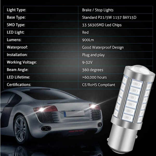 Punaiset 1157 BAY15D P21/5W 5630 33SMD Auton LED-lamput Canbus 900LM Super Bright Takavalot Jarruvalot Sumuvalot Asentovalot Parkkivalot 12-30V 3.6W(4