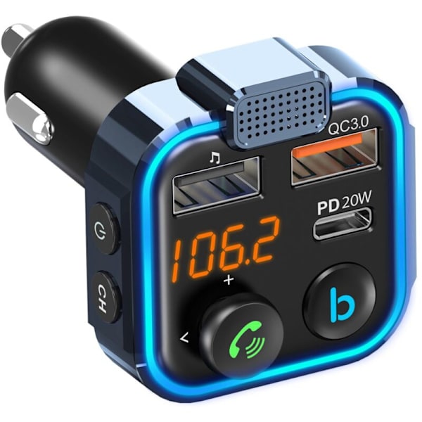 Bil FM-senderadapter Bluetooth 5.0 MP3-afspiller håndfri Type-C PD 20W + QC3.0 USB-oplader