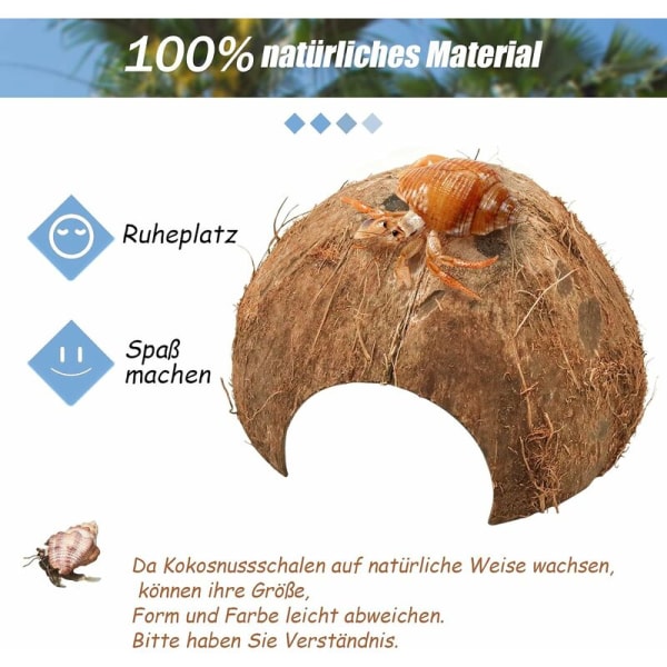 Halve kokosnøttskallbiter, kokosnøttskall som avls- og gjemmested for smådyr, dekor for akvarium for smådyr (ø 10-14 cm)