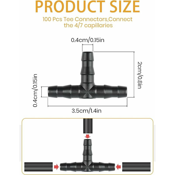 100 stk. T-rør fittings 4/7mm - T-fitting PVC-stik Vandingsdryp Atomiseringsdyse Mikrospray Vandingssamling til slangeanlæg Automatisk værktøj