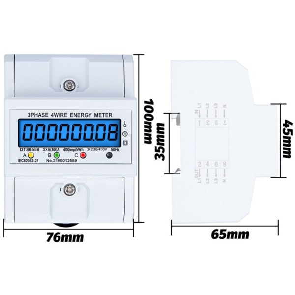 DTS8558 Din Skinne 3 Fase 4 Tråd Elektrisk KiloWatthour Effektforbrug Energimåler Wattmeter KWh 5(80)A 50Hz LCD