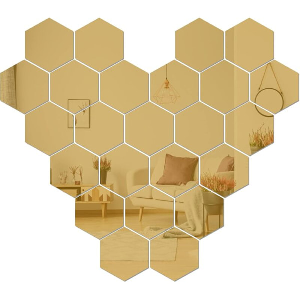 Spejlvægsklistermærker, 24 stk. Aftagelige Spejlklistermærker DIY Akryl Vægsmykning Spejlfliser Hexagon Spejlvægsklistermærke Stue Soveværelse Spejl (Guld)