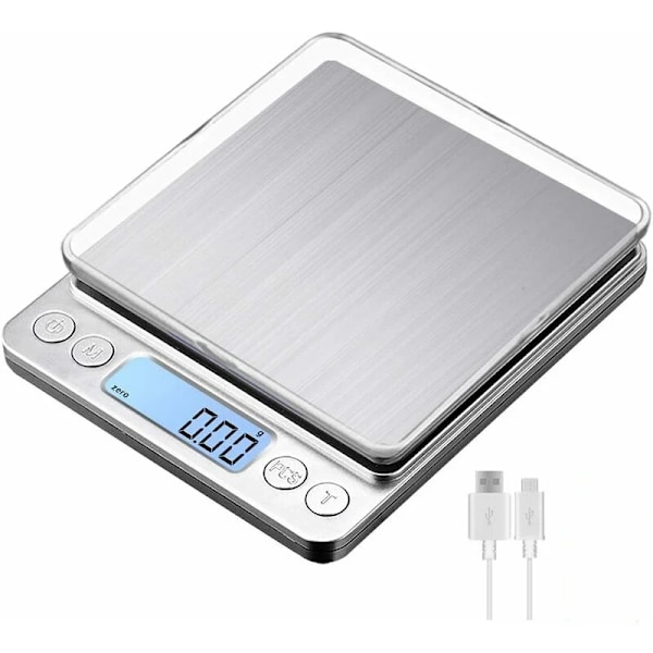 Digital kjøkkenvekt USB oppladbar 3kg/0.1g Digital bakevekt, presis elektronisk vekt rustfritt stål veiebord brett, Tare-Ens