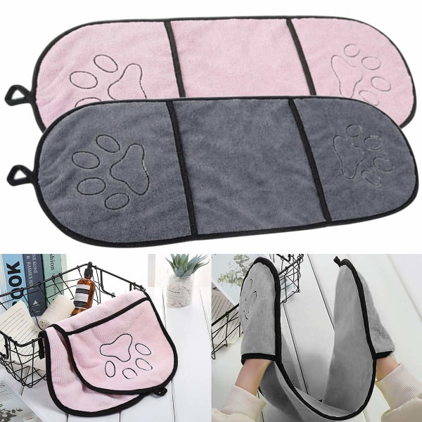Mikrofiberbadhanddukar för husdjur med bärväska, superabsorberande hundhanddukar, hållbara, tvättbara, designade för inomhus- och utomhusresor, 2-pack (rosa + gr.