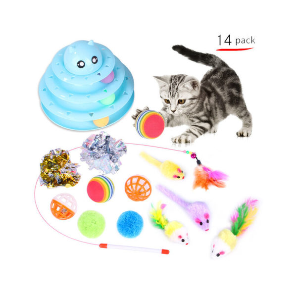 Kattelegetøj, interaktivt kattelegetøj, 3-lags sporrulle med tre farverige bolde, PP-materiale, mere holdbart, stærkere, himmelblå