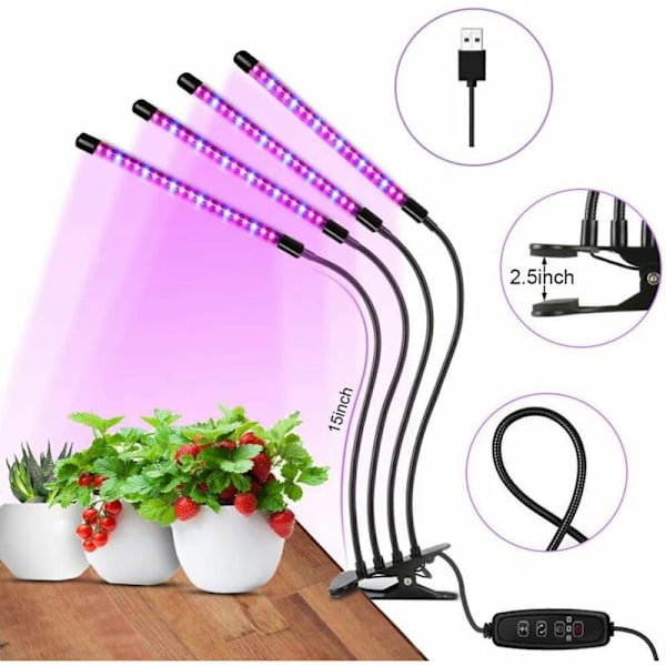 LED-växtlampa med timerfunktion, 3 lägen, 9 ljusstyrkor, 360° justerbar för inomhusväxter, hydroponik, växthusodling (40W fyrhuvud)